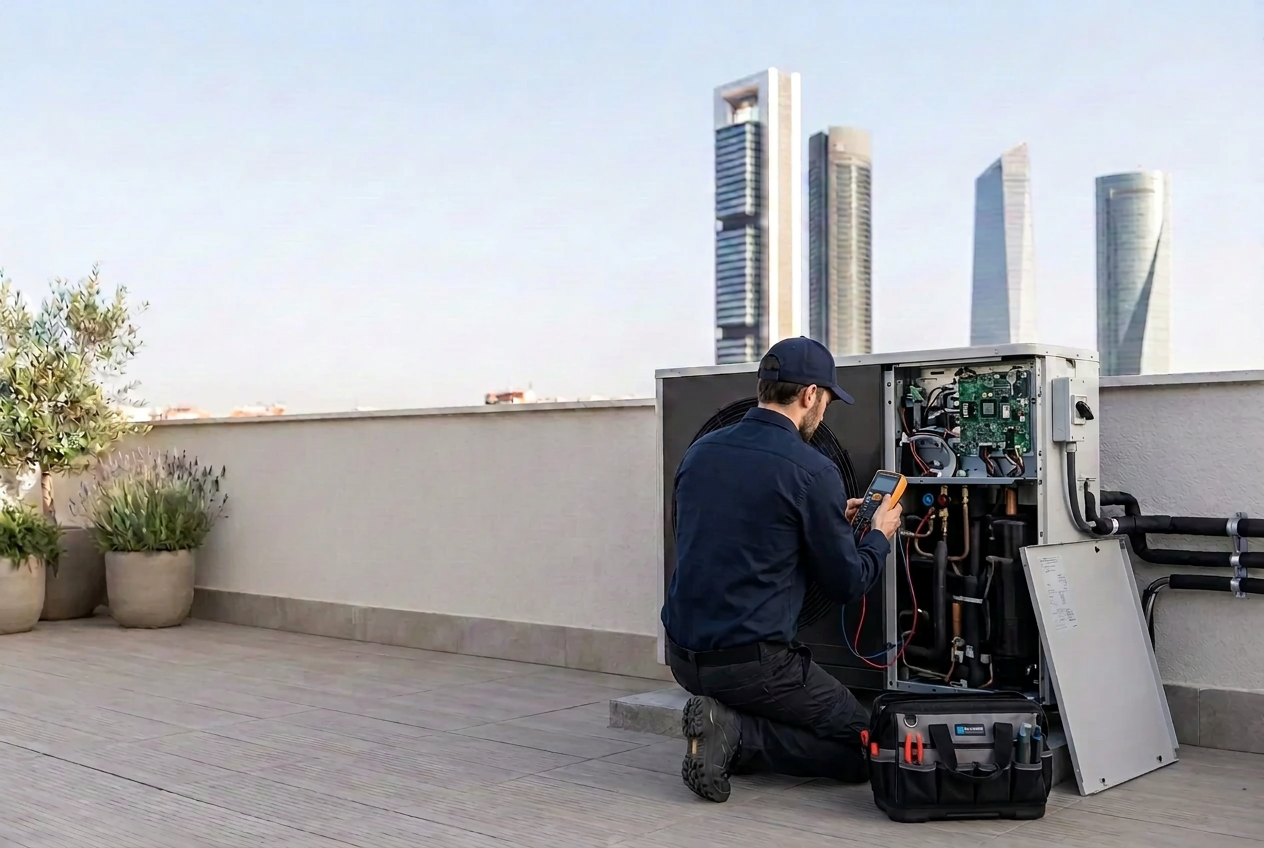Escena ilustrativa de diagnóstico de aerotermia por un técnico en una terraza de Madrid