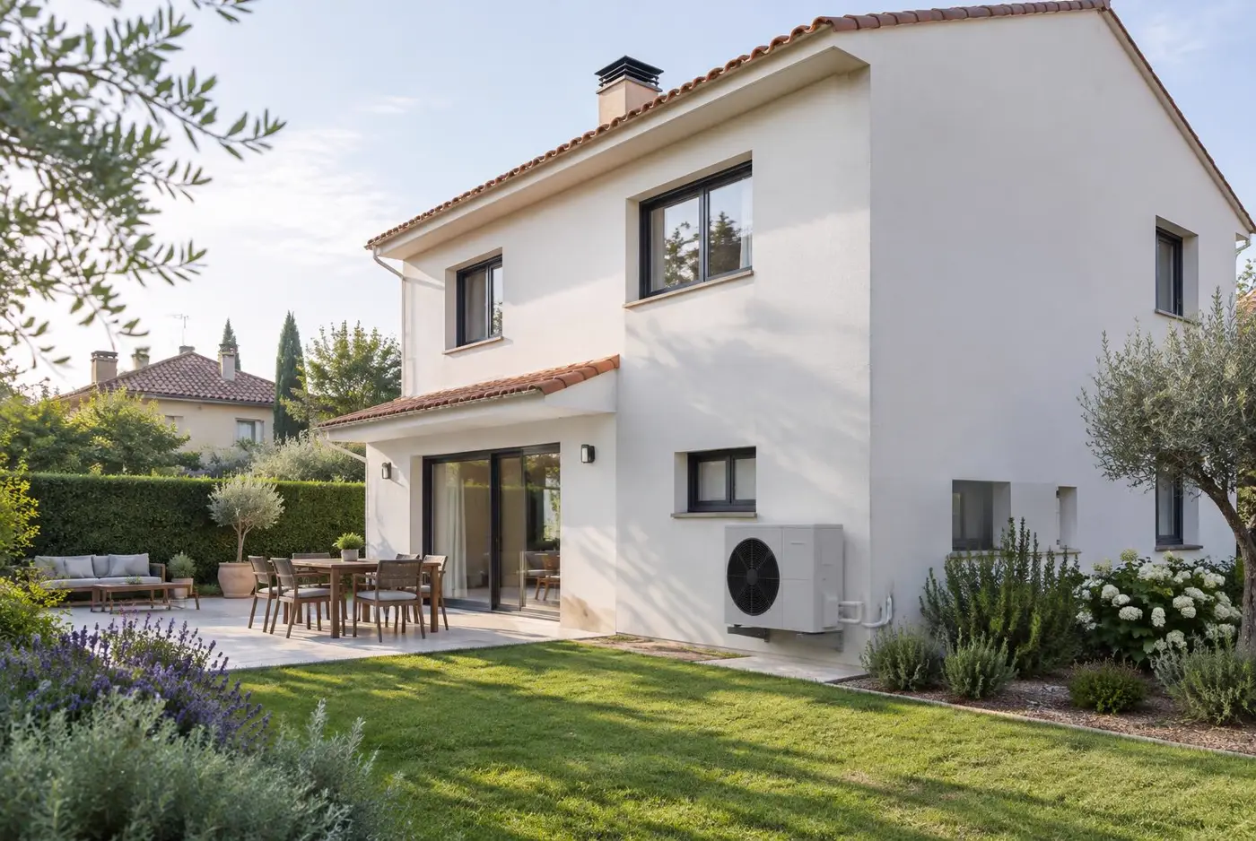 Vivienda unifamiliar con unidad exterior de aerotermia en el jardín